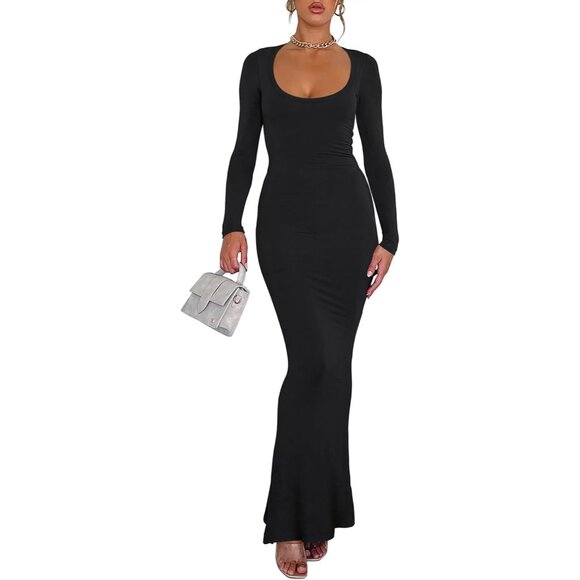 Women's Long Sleeve Maxi Dress Ribbed Square Neck Casual Fall Elegant - Picture 4 of 5